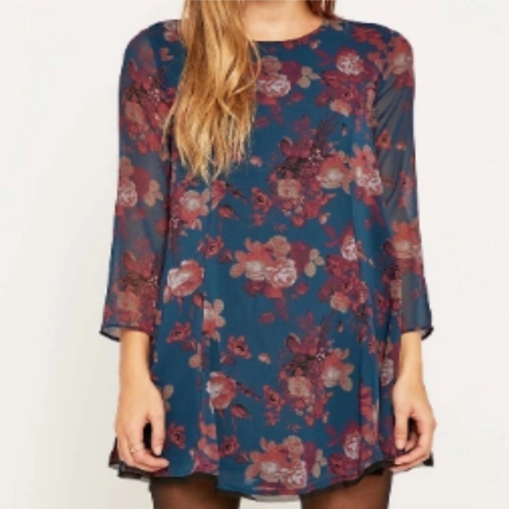 Kimchi Blue Teal Floral Shift Cinderdrea Frock Mini Dress - Size Large